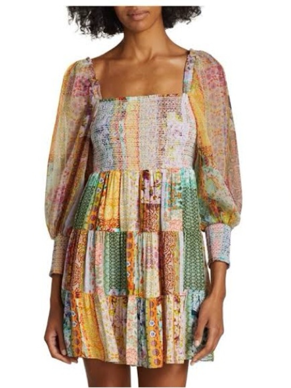 Alice + Olivia Multi-Color Patchwork Smocked Mini Dress